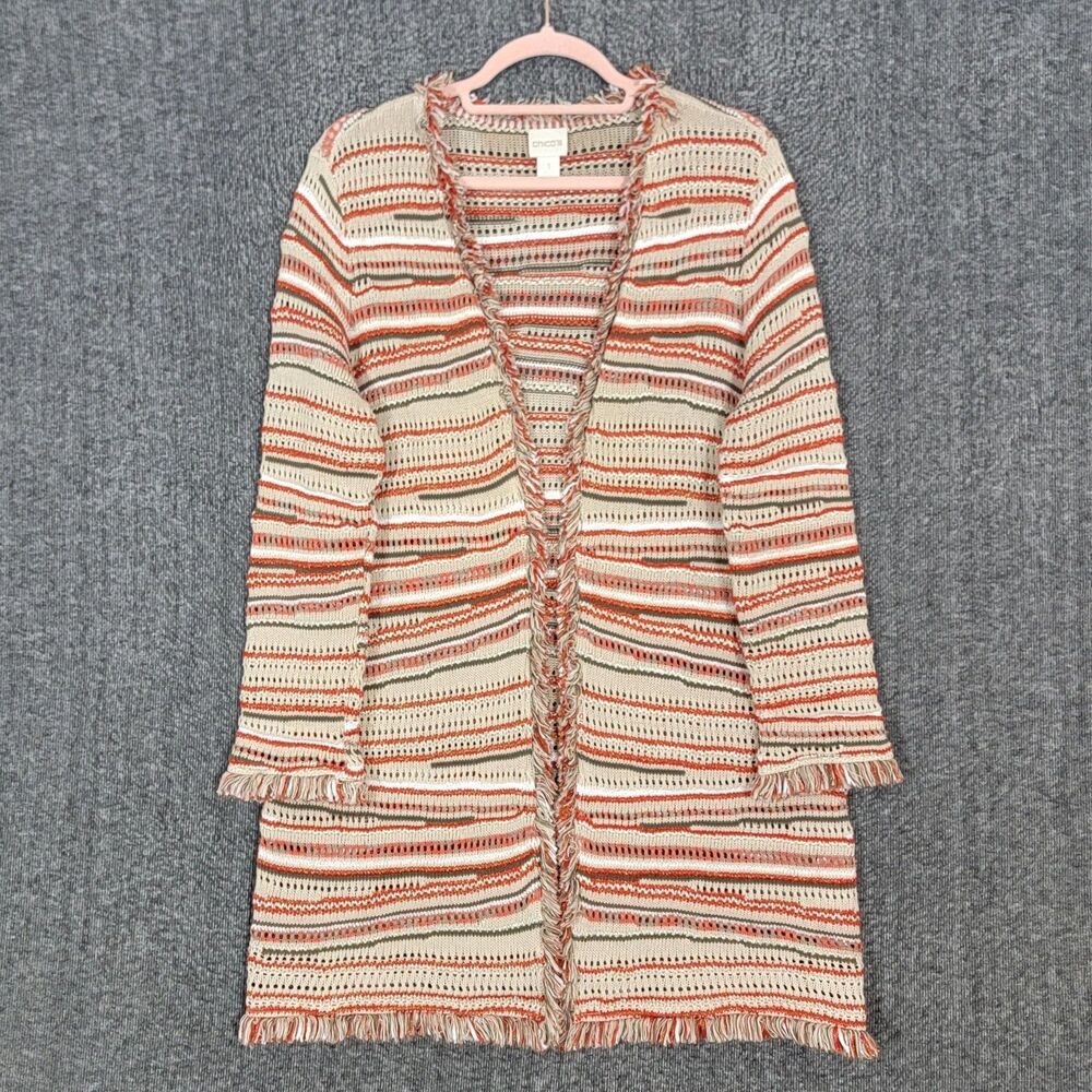 Chicos Sweater 1 Womens M Multicolor Striped Open Front Fringed Cardigan